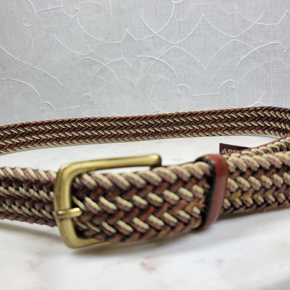 Arden Preppy Braided Leather Belt Size 36 Brown Tan Stretch Woven Brass Buckle - Picture 13 of 13